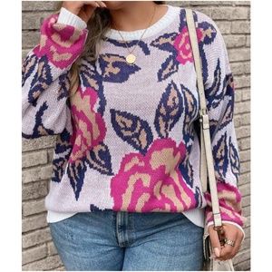 Plus Floral Print Knit Sweater Top